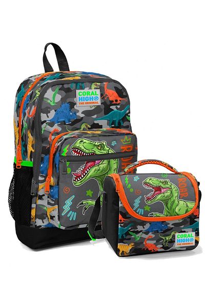 Coral High Set rucsac și geantă de prânz pentru școala primară - Dinozaur gri verde pentru băiat