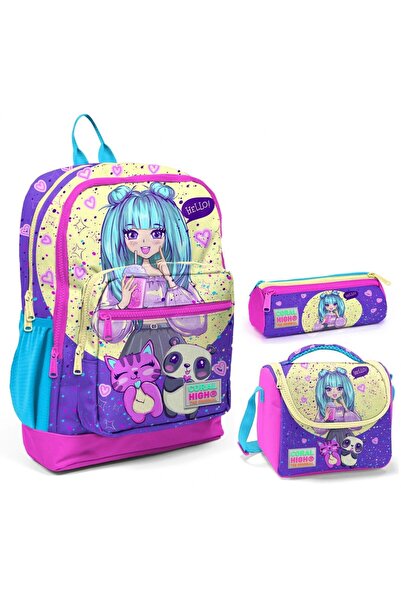 Coral High Комплект чанти за начално училище с лилаво и розово аниме тройка