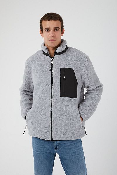 UNIQROY Men's Plush Coat Contrast Faux Wool Coat with Pockets Regular Cut Gray