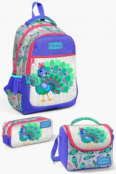 Coral High Set de geanți de școală din 3 bucăți cu model lavandă argintiu păun pentru copii - fetiță