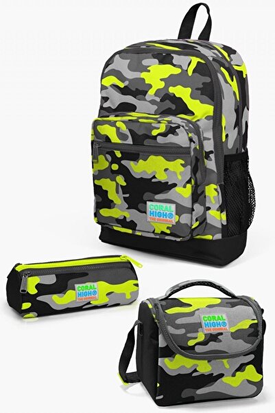 Coral High Kids Siyah Gri Kamuflaj Desenli 3’lü Okul Çanta Seti