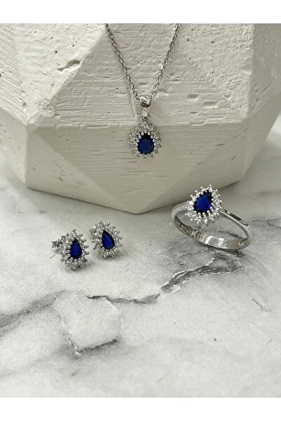 byess 925 Ayar Gümüş Safir Taşlı Damla Takı Seti