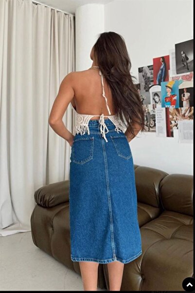 LAMİRAMOOD Midi Denim Skirt Slit Stretchy Full Size Denim Skirt