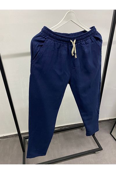EmirFashion Unisex Summer Elastic Waist Linen Trousers Comfortable Fit Cool Holding Drawstring Navy Blue Linen Pants