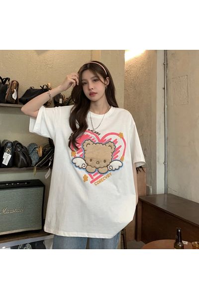 Touz Moda Unisex Λευκό μπλουζάκι Oversize - Ρετρό εμπριμέ αμβλύ αρκουδάκι