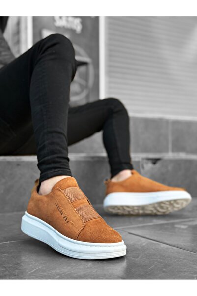 TUGERDİ Tugerdi Thick Suede Leather High Sole Double Tape Tan White Men's Sports Shoes TGE230457