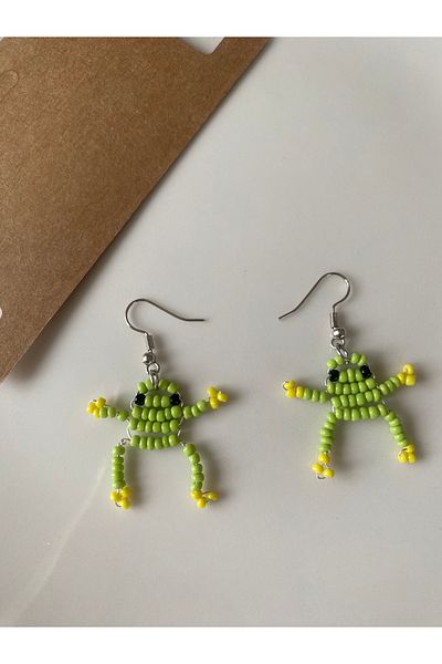 Stoneday Green Frog Silver Detailed Sand Bead Dangle Earrings