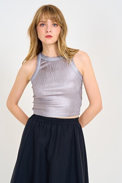 Laluvia Grey-Silver-Pink Halter Collar Metallic Crew Neck Tank Top