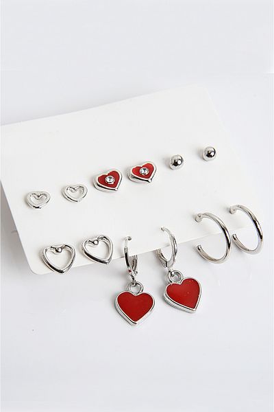 EUROMODA Set of 6 Earrings with Red Heart Hoop and Ball Earrings with Heart Design