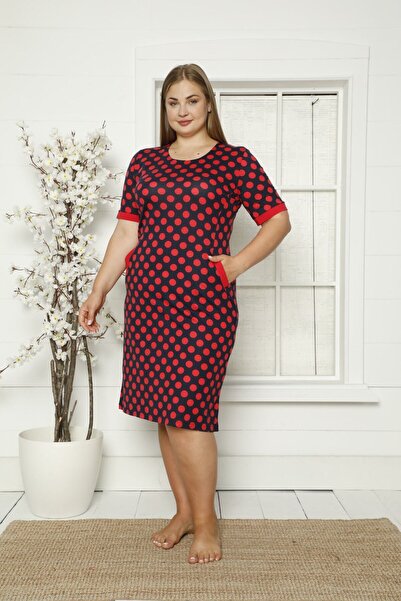 İntensive Βαμβακερό φόρεμα πουά με ριμπ κοντό μανίκι Modal Plus Size