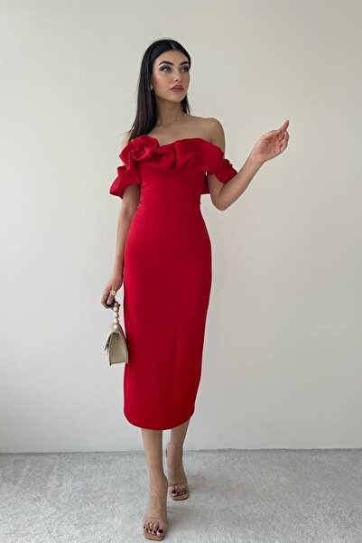 lovebox Rochie de seară roșie pentru femei, cu guler fără bretele, cu design midi și cu fante, 219