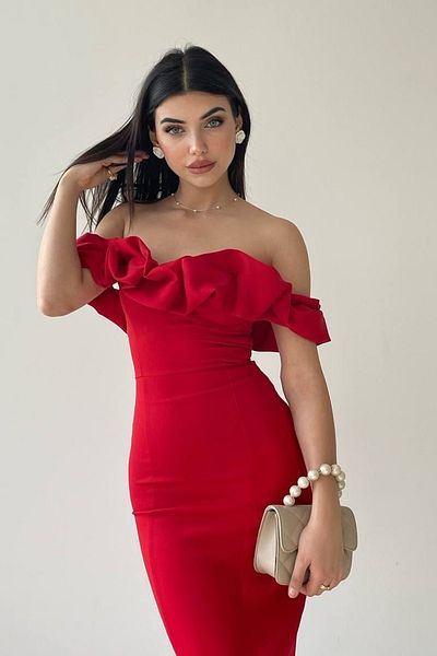 lovebox Női váll nélküli gallér, hasított, Midi ceruza piros estélyi ruha 219