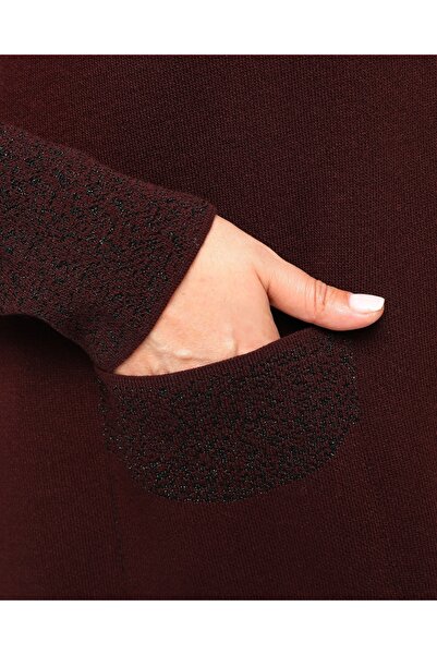 Laden Plus Size Women's Medium Thick Special Knitwear Glittery Long Soft Mother Claret Red Cardigan