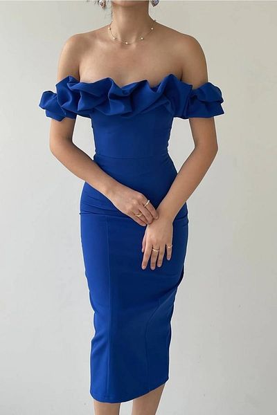 WOMAN VISION Rochie de damă, din țesătură Atlas, fără bretele, cu decolteu în afara umărului și cu fantă, Saks Blue Midi Pencil Dress 219