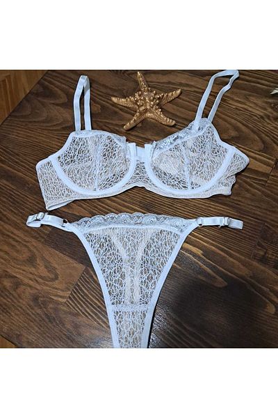 BAHHAR Ecru Colored Women's Bra - Underwire, Lace Detailed, B Cup, String Set