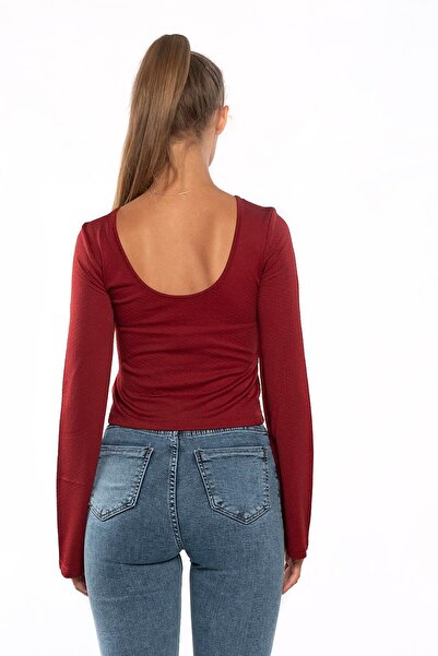 Miss Murem Open Back Balloon Sleeve Blouse-burgundy