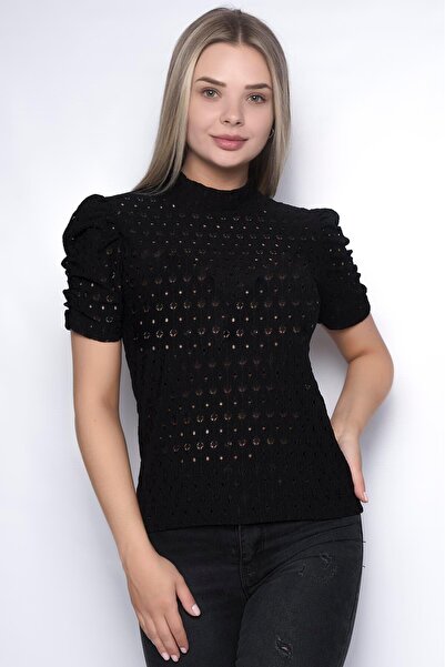 Miss Murem Stand Collar Short Sleeve Perforated Blouse-black