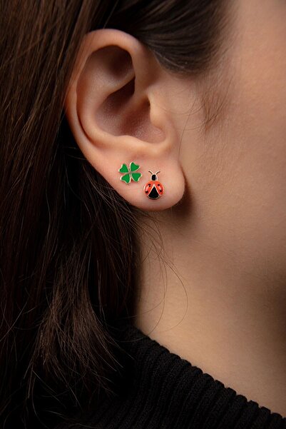 Hiç Gümüş Yoncalı Uğur Böcekli Zirkon Taşlı 925 Ayar Gümüş Rose Kadın Küpe