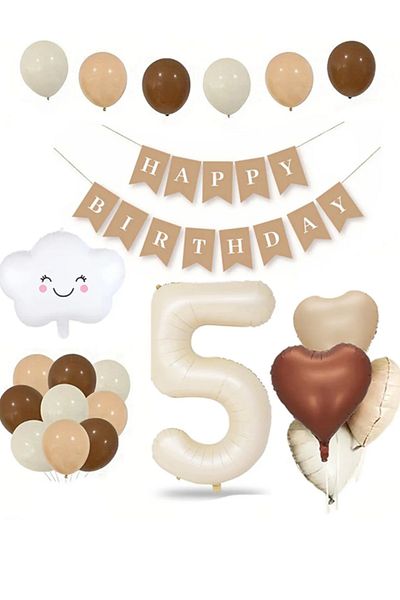 Partifabrik 1 Year Old Retro Birthday Set - Cream Number Foil, Banner, Heart Foil and Latex Balloon