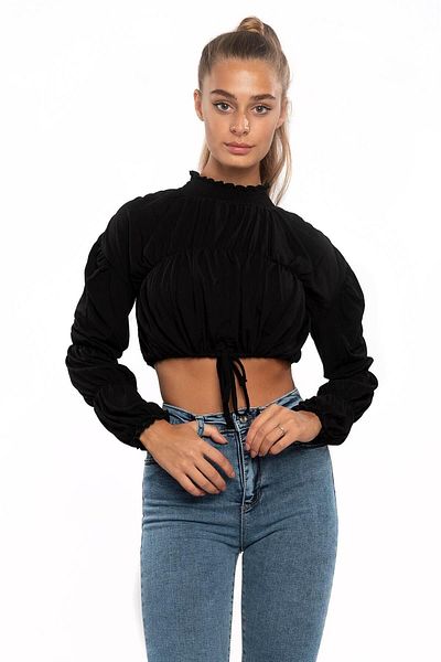 Miss Murem Stand Collar Skirt Tied Blouse-black