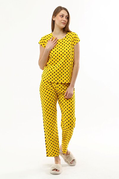 Miss Murem Mintás rövid ujjú pizsama szett-pöttyös sárga