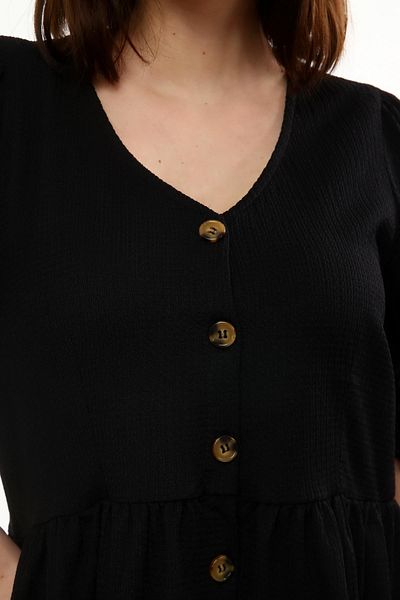 Miss Murem V-Neck Buttoned Seersucker Dress-black