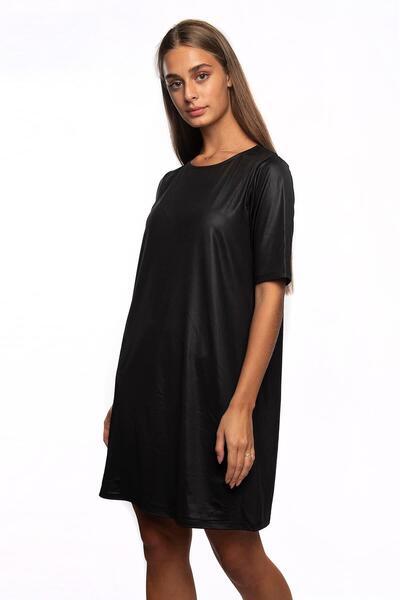 Miss Murem Crew Neck Leather Dress-black