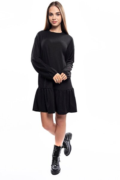 Miss Murem Sleeve Elastic Skirt Ruffle Dress-Black