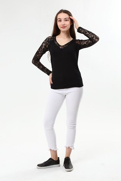 Miss Murem V-Neck Lace Embroidered Blouse-black