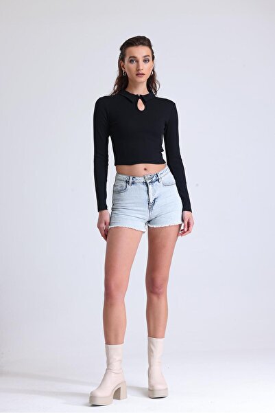 Miss Murem Shirt Collar Drop Detail Blouse-BLACK