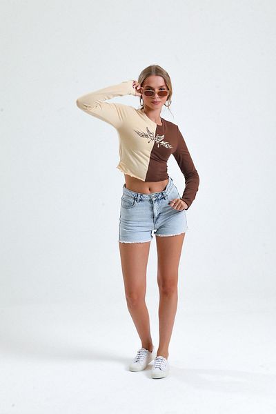 Miss Murem Printed Piece Long Sleeve Blouse-BROWN CREAM