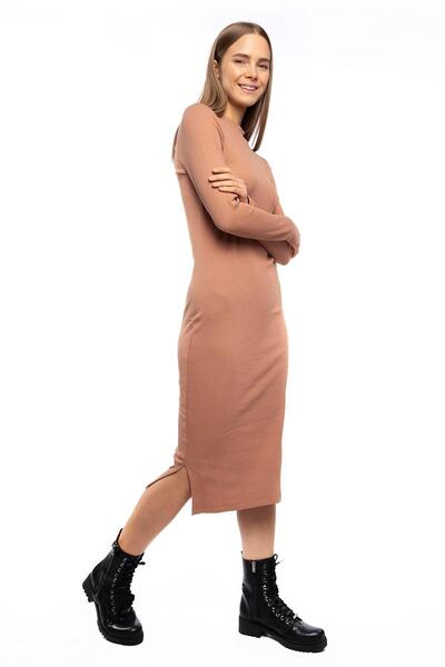 Miss Murem Stand Collar Side Slit Corded Dress-cinnamon