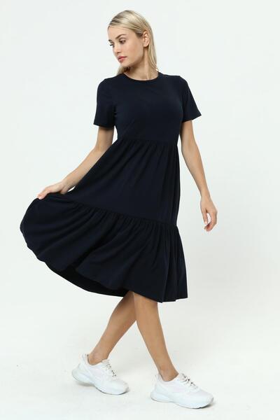 Miss Murem Long Dress with Skirt Stitching - dark blue
