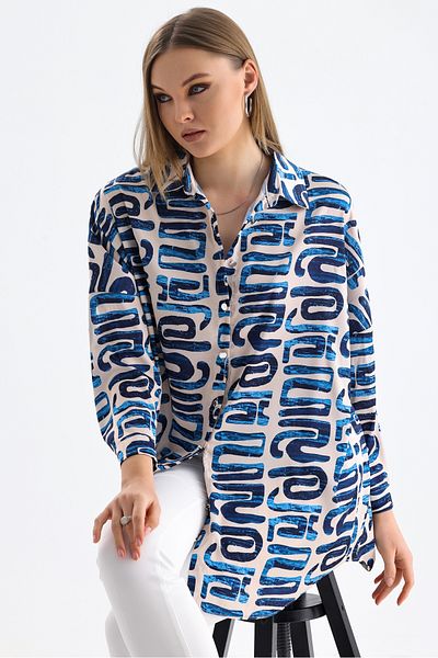 MD trend Cămașă lungă oversize din satin cu model grafic pentru damă