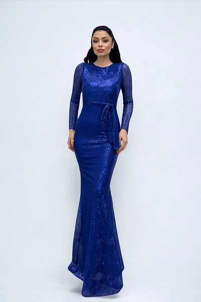giyimmasalı Tulle Sequin Fabric Fishnet Evening Dress - Saks Blue