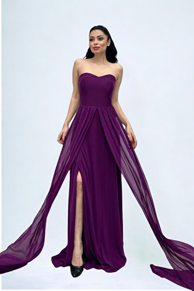 giyimmasalı Tül Kumaş Straplez Şal Detaylı Elbise - PATLICAN MOR