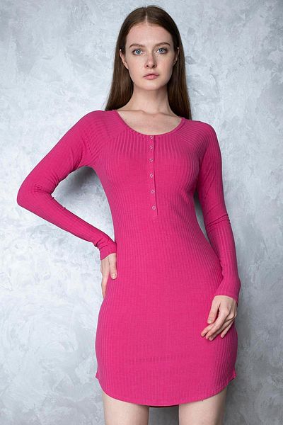 Miss Murem Snap Fastener Ribbed Long Sleeve Dress-fuchsia