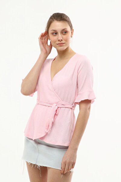 Miss Murem Double Breasted Collar Tied Seersucker Blouse-Candy Pink