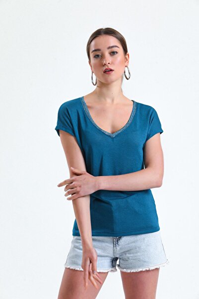 Miss Murem V-Neck Glitter Blouse-Petrol Blue