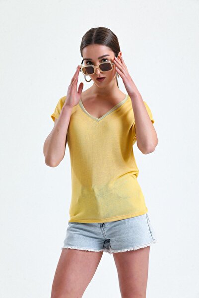 Miss Murem V-Neck Glitter Blouse-yellow