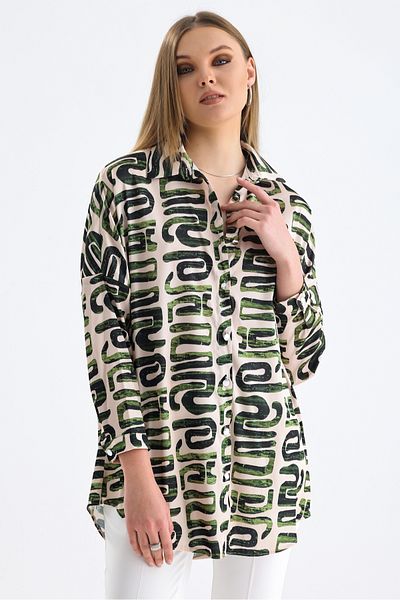 MD trend Women's Graphic Patterned Long Oversize Satin Shirt
