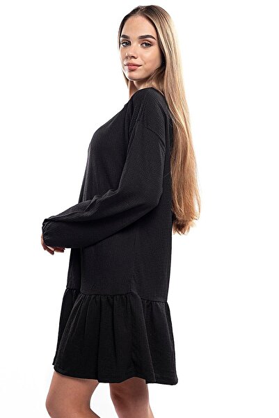 Miss Murem Sleeve Elastic Skirt Ruffle Dress-Black