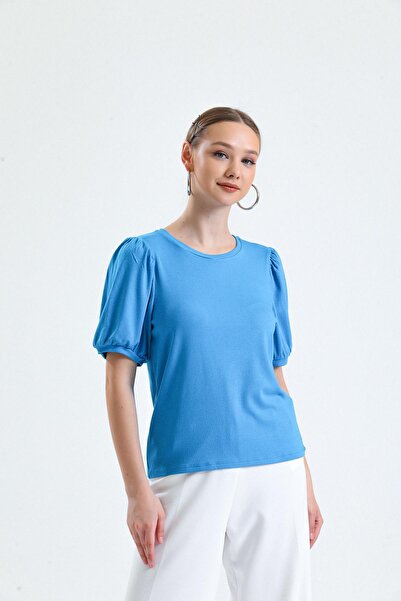 Miss Murem Watermelon Sleeve Corded Blouse-BLUE