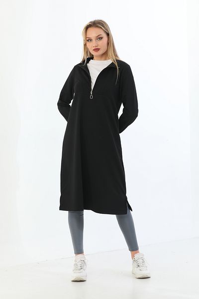 Elif Okur Hijab Long Tunic Half Zipper 110cm Black 1221