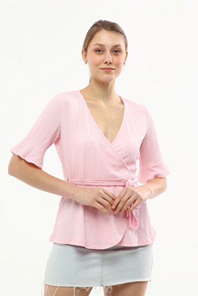 Miss Murem Double Breasted Collar Tied Seersucker Blouse-Candy Pink