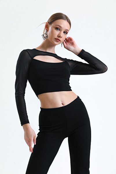 Miss Murem Chest Window Sleeve Tulle Long Sleeve Sandy Blouse-black