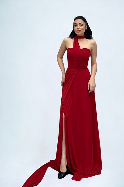giyimmasalı Tulle Fabric Strapless Shawl Detailed Dress - RED
