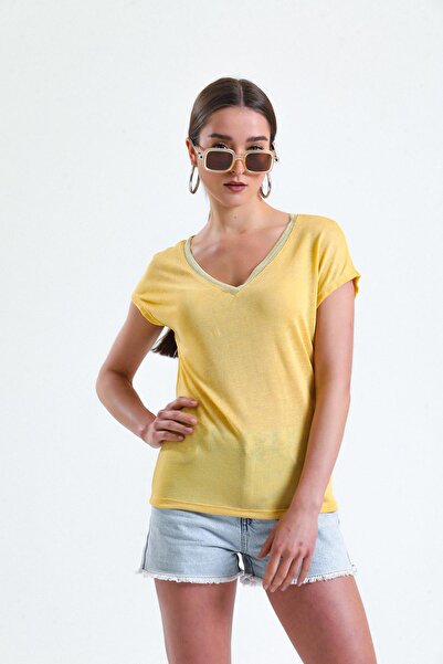 Miss Murem V-Neck Glitter Blouse-yellow