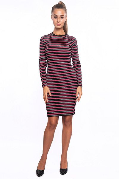 Miss Murem Striped Long Sleeve Dress-black Pink