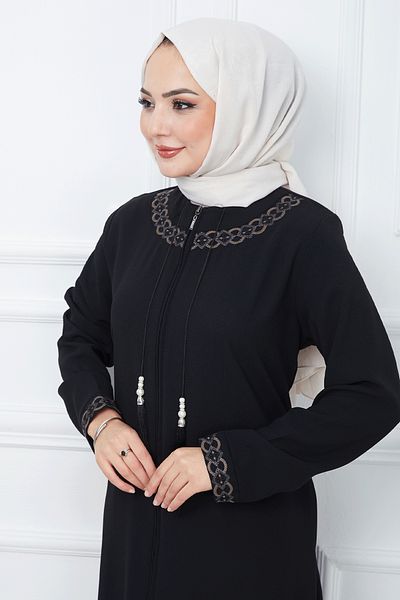 InStyle Embroidered Model Honeycomb Fabric Ferace - Black